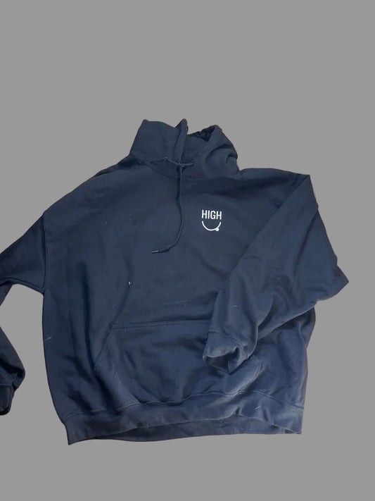 black hoodie saying high 