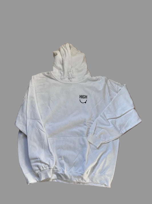 white hoodie saying high 